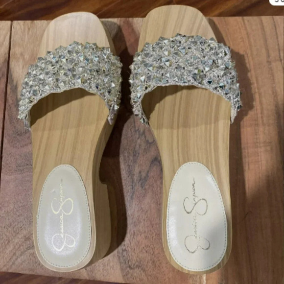 Jessica Simpson Rell Wood Platform Sandals Shoes Natural Gold Spikes Women’s 8M - Picture 4 of 5